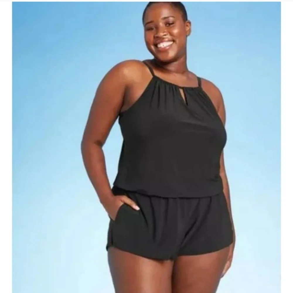 Aqua Green Swimwear Women's Plus Size One Piece Swimsuit Romper ~ Black - Picture 2 of 10